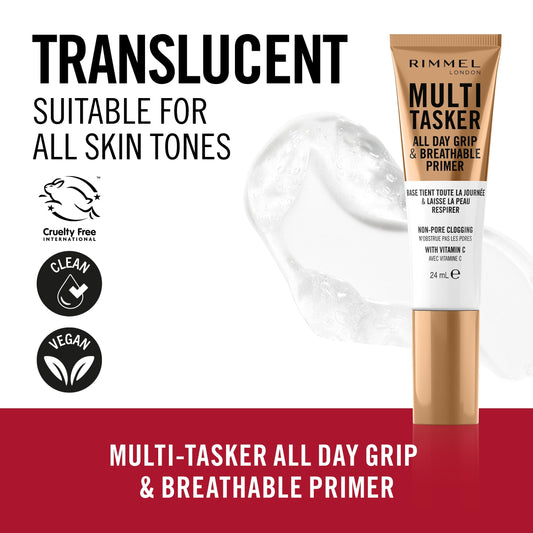 Rimmel Multi-Tasker All Day Grip & Breathable Primer, Lightweight, Gel Texture, Gripping Power, Infused with Vitamin C & Hyaluronic Acid, Hydrating, Prep Skin for Makeup, Suitable For All Skin Types