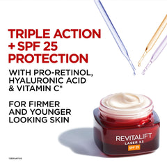 L’Oréal Paris Revitalift Laser Triple Action Anti-Ageing SPF 25 Cream, Smooth Wrinkles, Firm and Radiant Skin, Pro-Retinol, Hyaluronic Acid and Vitamin C, 50ml