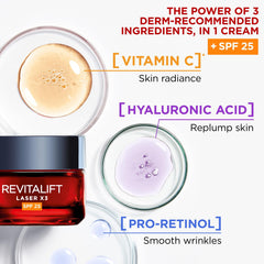 L’Oréal Paris Revitalift Laser Triple Action Anti-Ageing SPF 25 Cream, Smooth Wrinkles, Firm and Radiant Skin, Pro-Retinol, Hyaluronic Acid and Vitamin C, 50ml