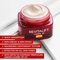 L’Oréal Paris Revitalift Laser Triple Action Anti-Ageing SPF 25 Cream, Smooth Wrinkles, Firm and Radiant Skin, Pro-Retinol, Hyaluronic Acid and Vitamin C, 50ml