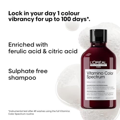 L'Oréal Professionnel Vitamino Color Spectrum Sulphate Free Shampoo, For Coloured Hair, With Ferulic Acid + Citric Acid, Shine, Lock in Day 1 Colour Vibrancy for 100 Days