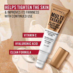 Rimmel Multi-Tasker All Day Grip & Breathable Primer, Lightweight, Gel Texture, Gripping Power, Infused with Vitamin C & Hyaluronic Acid, Hydrating, Prep Skin for Makeup, Suitable For All Skin Types